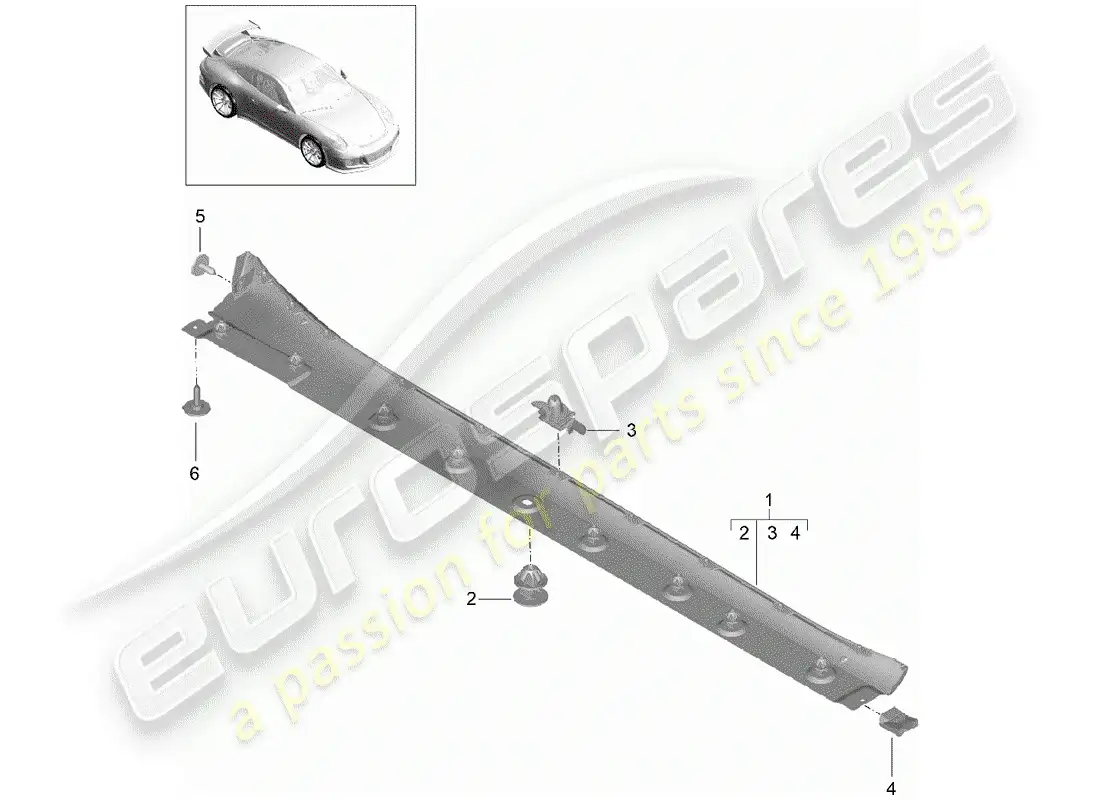 porsche 2015 (991-1 r/gt3/rs) moldura de larguero diagrama de piezas