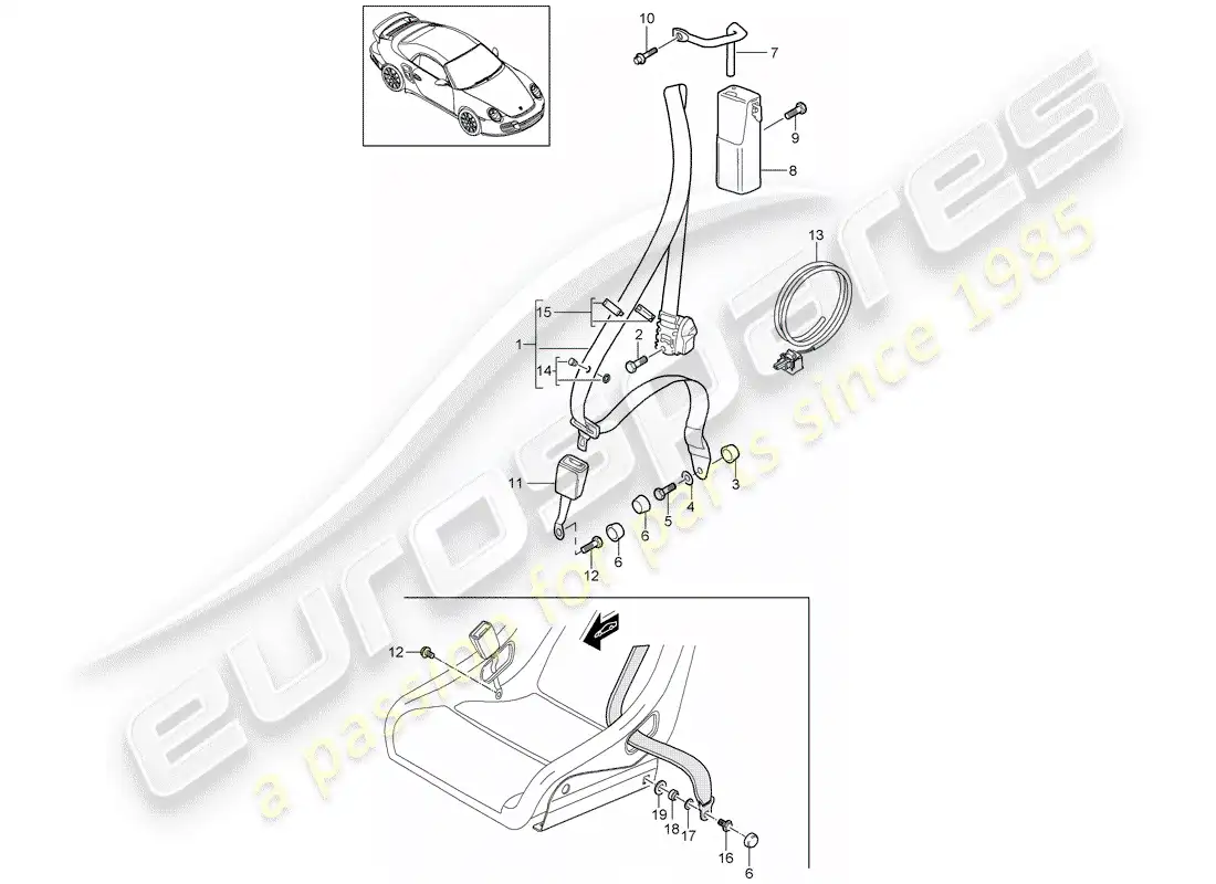 porsche 2012 (997-2 turbo / gt2 rs) cinturón de seguridad diagrama de piezas