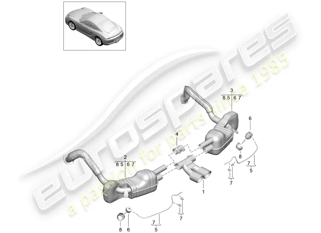 porsche 2014 (981 cayman) sistema de escape diagrama de piezas