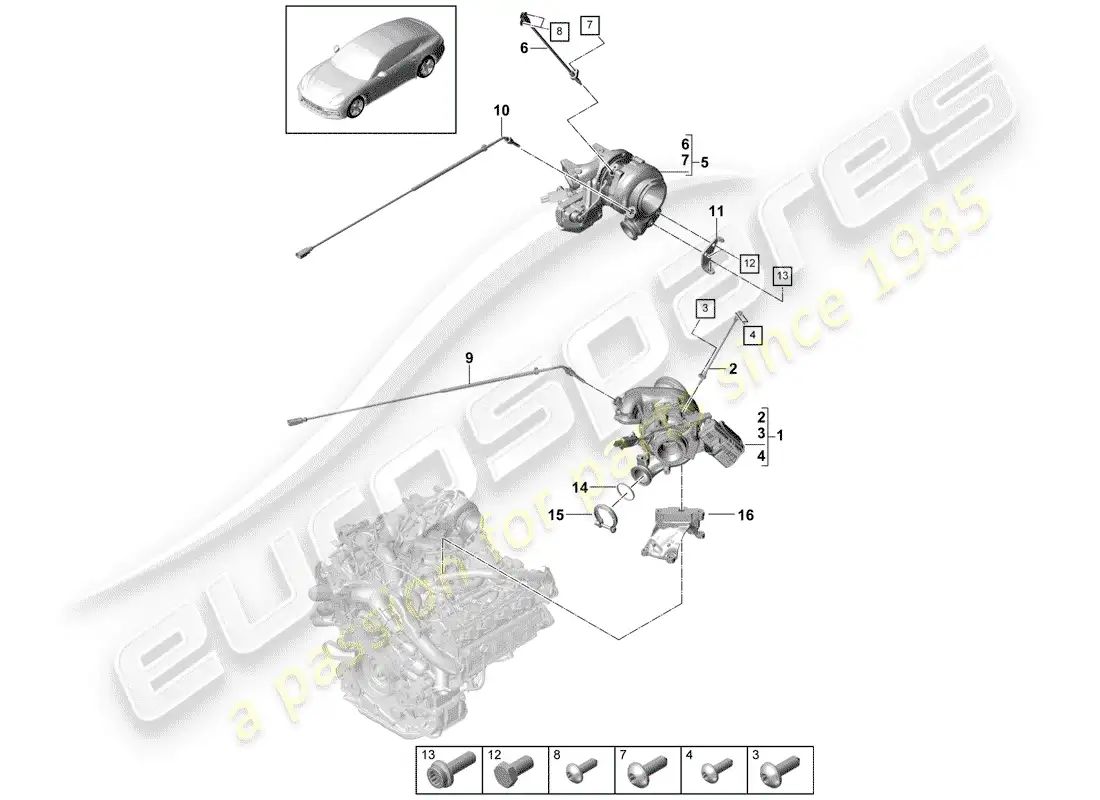 porsche 2017 (panamera 971-1) turbocompresor de gases de escape diagrama de piezas
