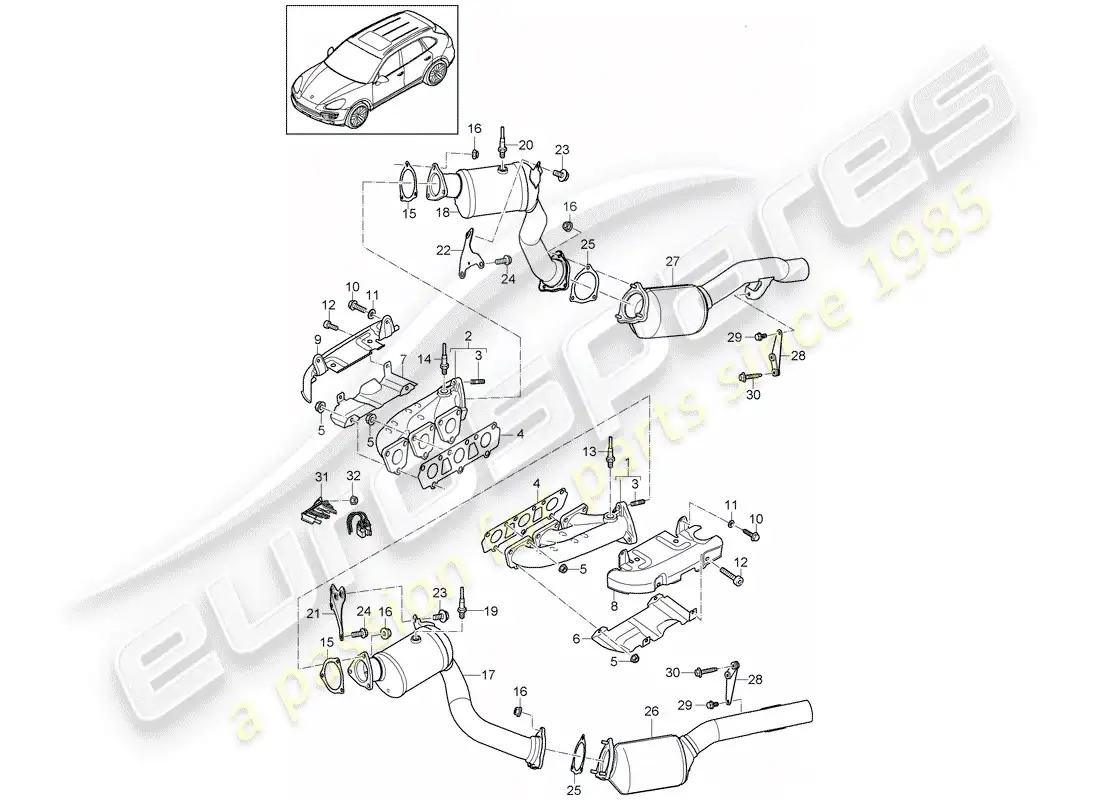 porsche 2012 (cayenne e2 92a) sistema de escape diagrama de piezas