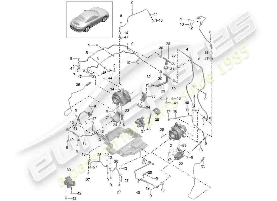 porsche 2017 (991-2 turbo) turbocompresor de gases de escape diagrama de piezas