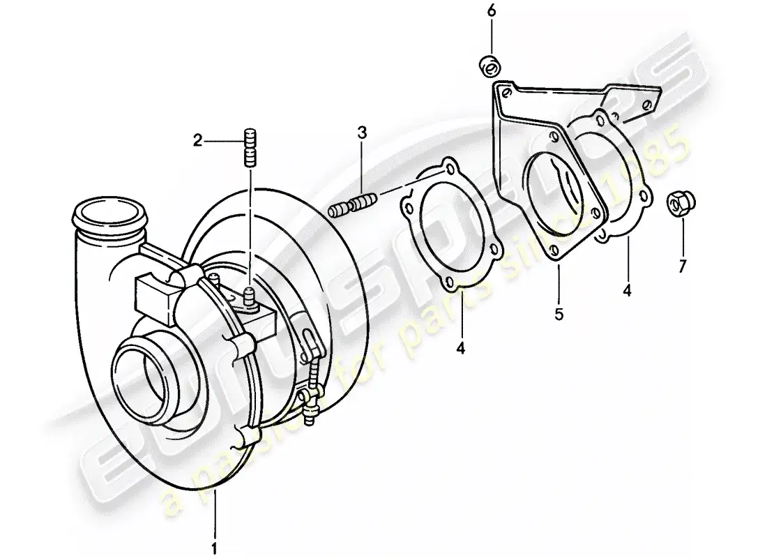 porsche 1985 (911) turbocompresor de gases de escape diagrama de piezas