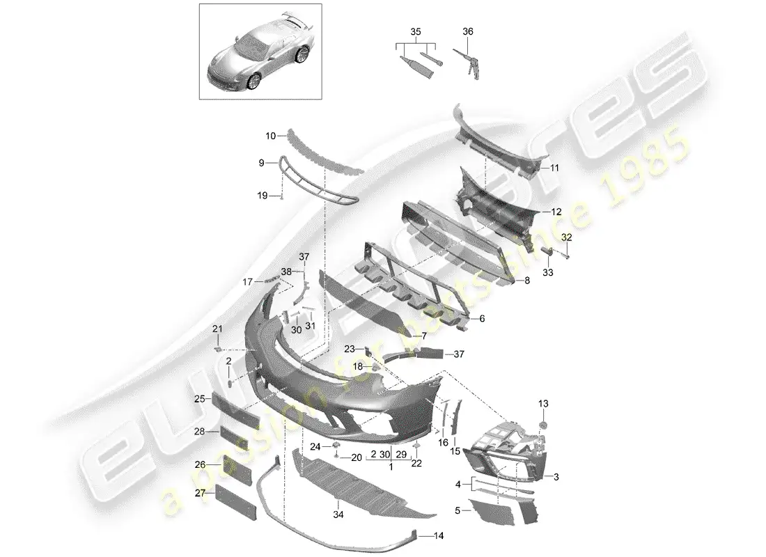 porsche 2016 (991-1 r/gt3/rs) parachoque diagrama de piezas