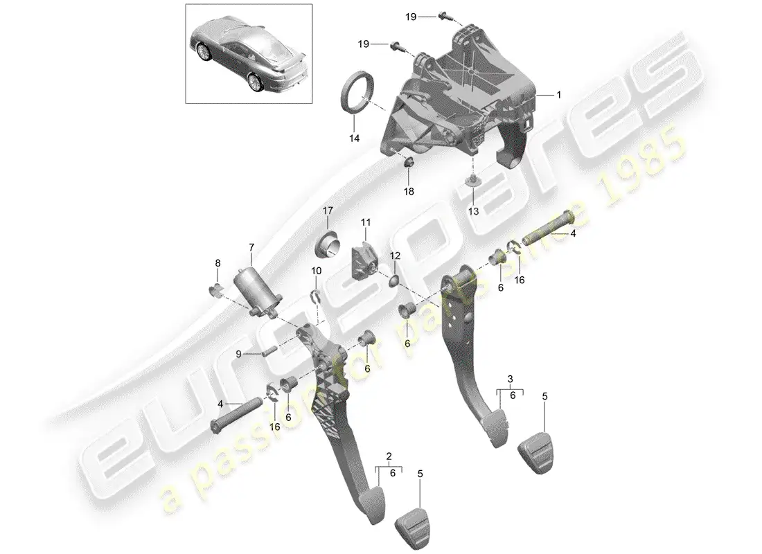 porsche 2016 (991-1 r/gt3/rs) brake and acc. pedal assembly diagrama de piezas