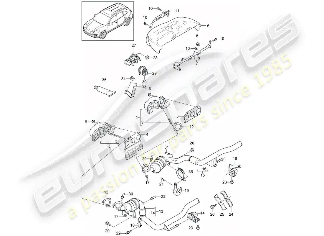 porsche 2014 (cayenne e2 92a) sistema de escape diagrama de piezas