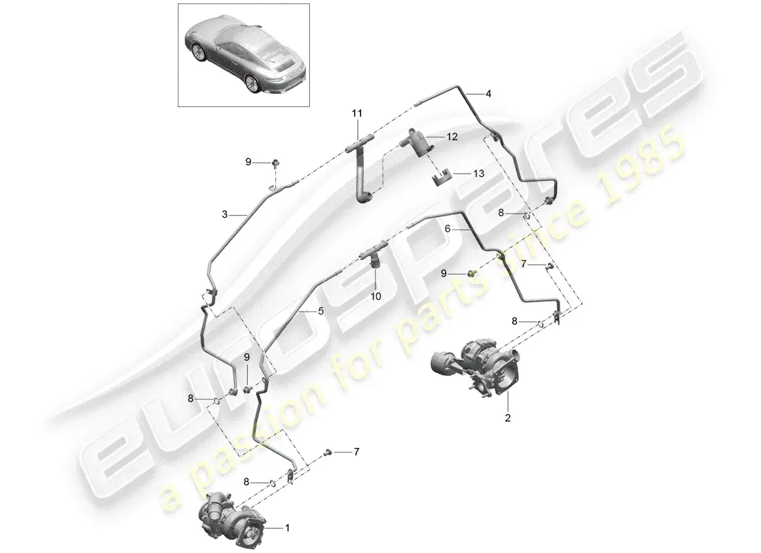 porsche 2020 (991-2) turbocompresor de gases de escape diagrama de piezas
