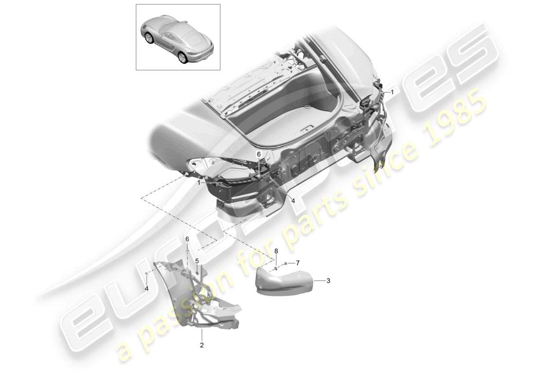 porsche 2023 (718 cayman) diagrama de piezas de fijación del parachoques trasero