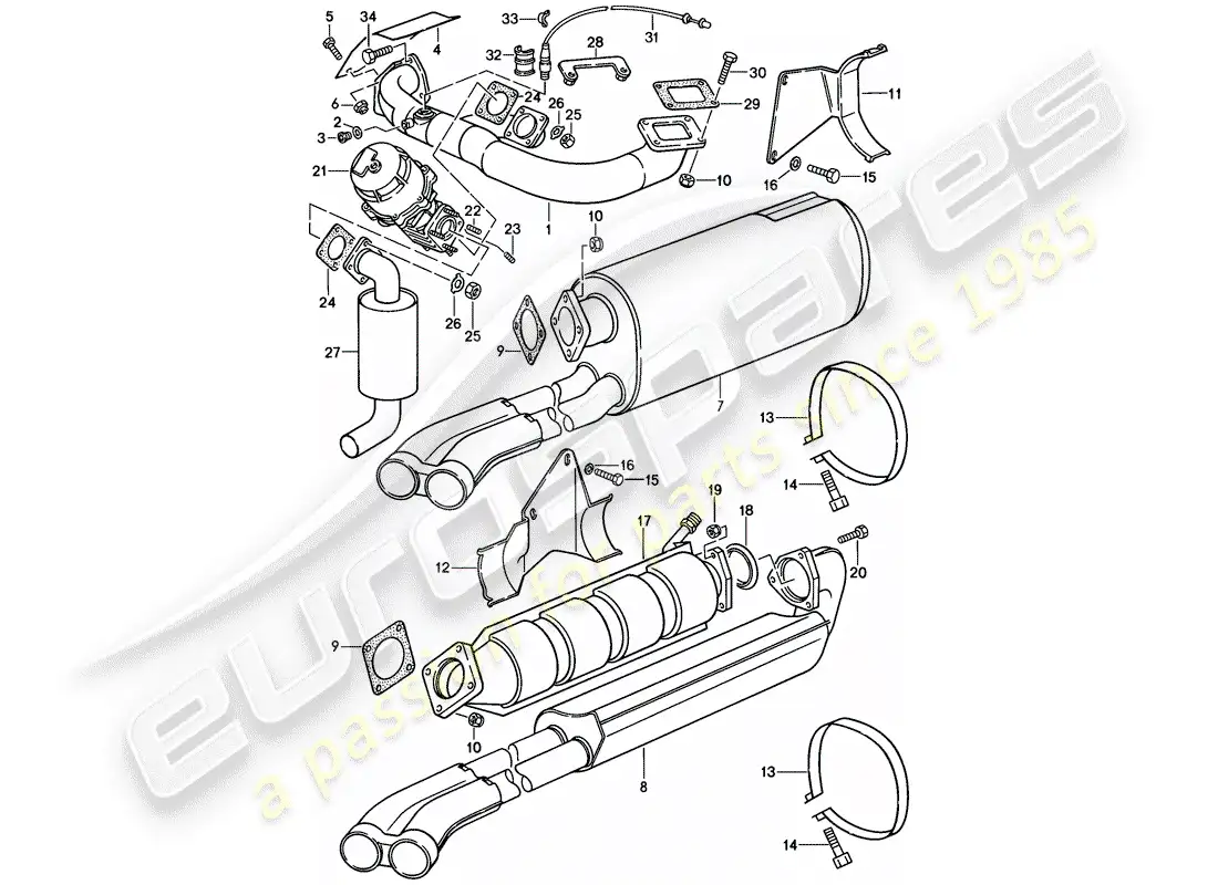 porsche 1985 (911) sistema de escape diagrama de piezas