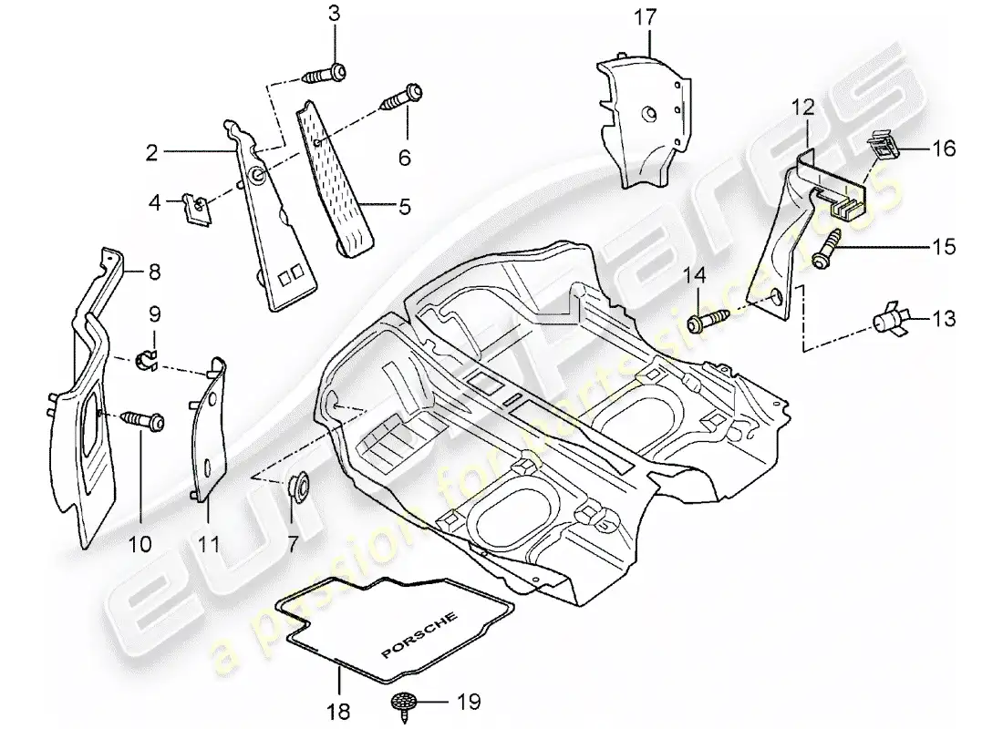 porsche 2004 (986 boxster) equipamiento interior - cubierta del piso - moldeados diagrama de piezas