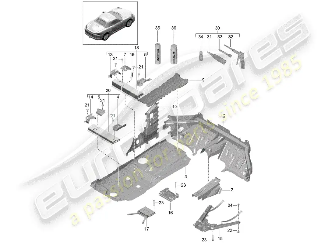 porsche 2017 (718 boxster) placas de piso diagrama de piezas