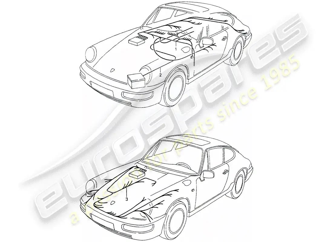 porsche 1991 (964) mazo de cables - habitáculo - bateria de arranque - maletero delantero diagrama de piezas