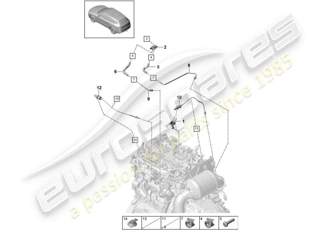 porsche 2024 (cayenne e3 9ya/9yb) línea de control con sensor de diferencia de presión sensor de temperatura de los gases de escape diagrama de piezas