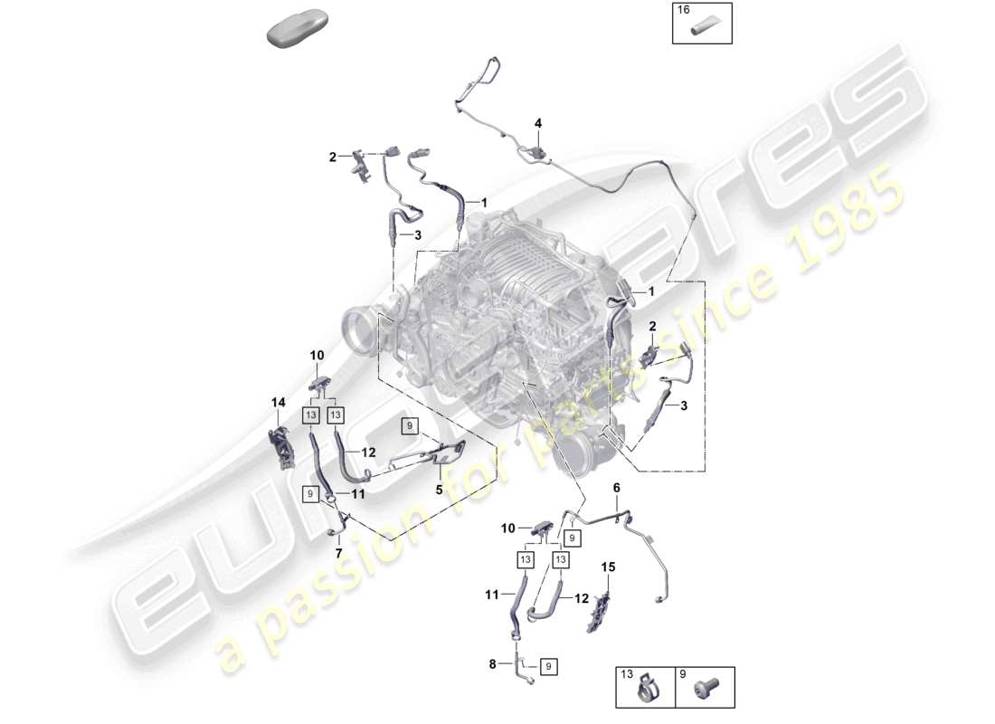 porsche 2025 (992-2 gt3) convertidor catalítico filtro de partículas de gasolina fijaciones y sensores diagrama de piezas