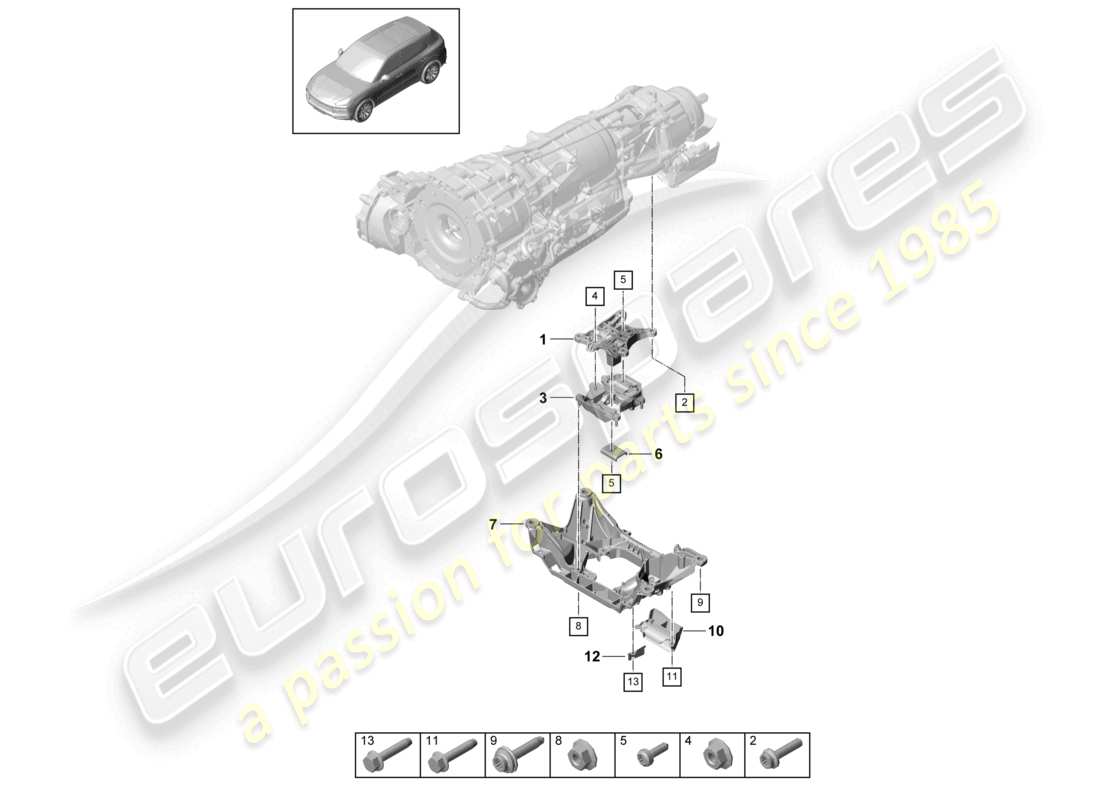 porsche 2023 (cayenne e3 9ya/9yb) diagrama de piezas del soporte de transmisión del soporte de la caja de cambios