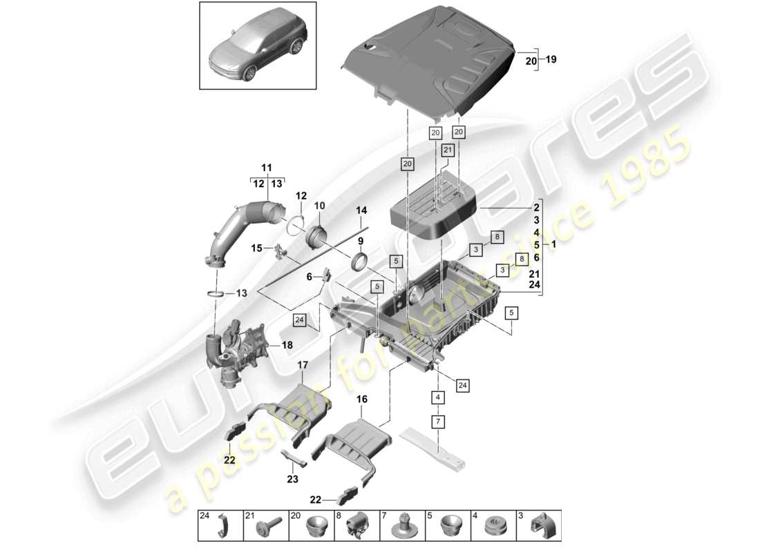 porsche 2023 (cayenne e3 9ya/9yb) filtro de aire con piezas de conexión diagrama de piezas de la cubierta del motor