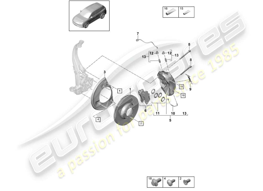 porsche 2023 (cayenne e3 9ya/9yb) freno de disco 18 eje delantero diagrama de piezas negro/verde