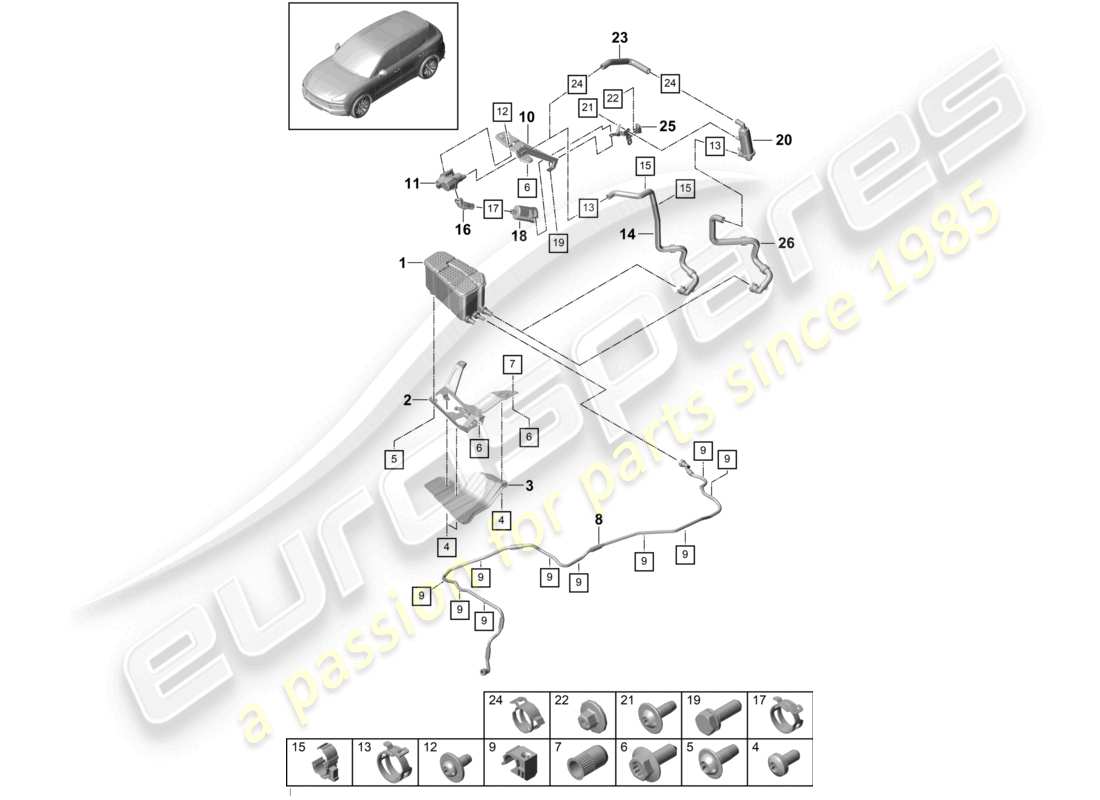 porsche 2023 (cayenne e3 9ya/9yb) diagrama de piezas del recipiente de carbón activado