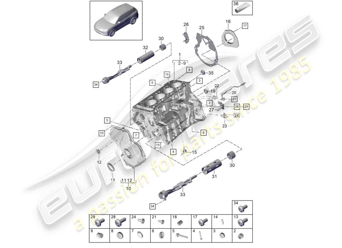 porsche 2024 (cayenne e3 9ya/9yb) carcasa del cárter piezas individuales diagrama de piezas