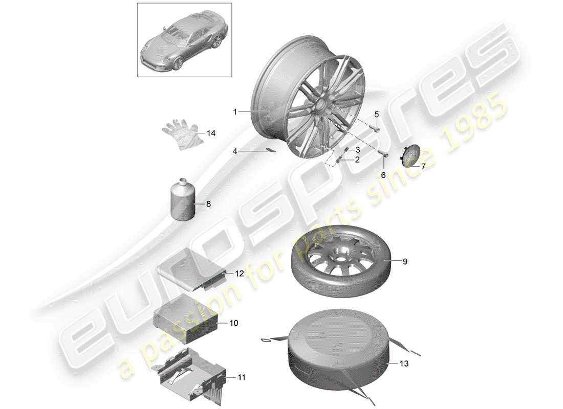 porsche 991 turbo (2018) diagrama de piezas de la rueda de aleación