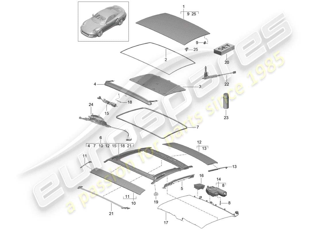 porsche 991 turbo (2018) diagrama de piezas del techo corredizo de vidrio