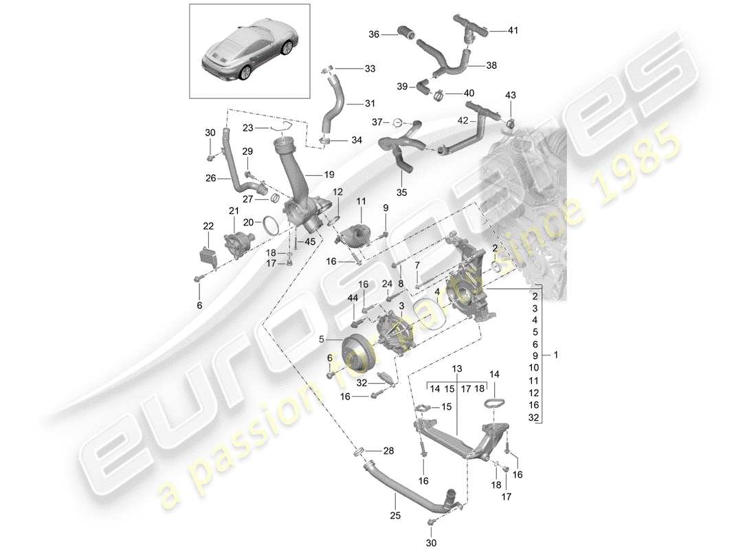 porsche 991 turbo (2018) diagrama de piezas de la bomba de agua