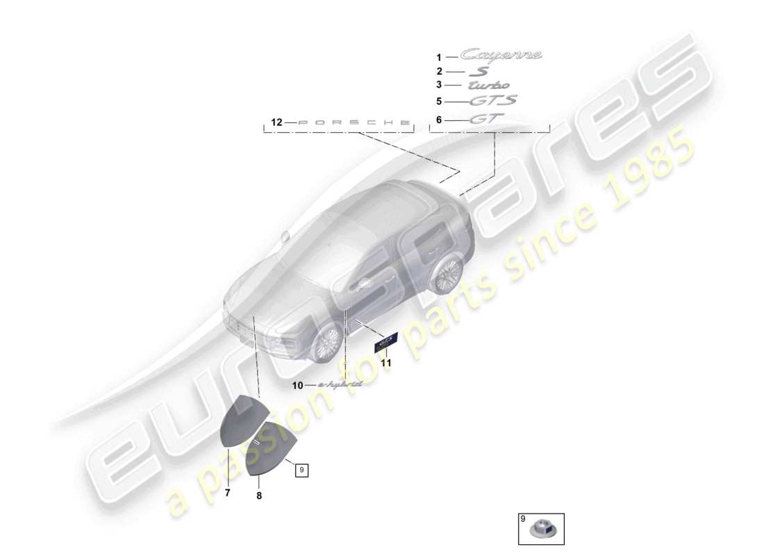 porsche 2022 (cayenne e3 9ya/9yb) diagrama de piezas del cupé exterior de la cresta porsche superior de las inscripciones/letras
