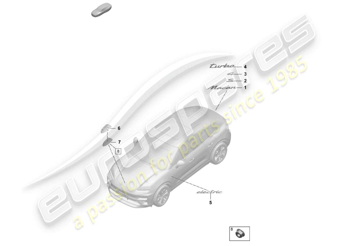porsche 2025 (macan-e) inscription porsche crest diagrama de piezas