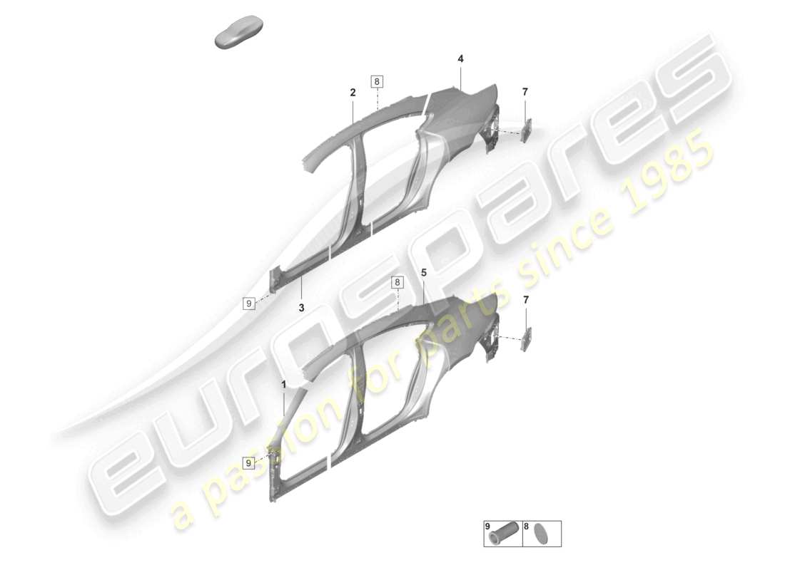 porsche 2021 (taycan 9j1-1) pieza seccional - panel lateral diagrama de piezas