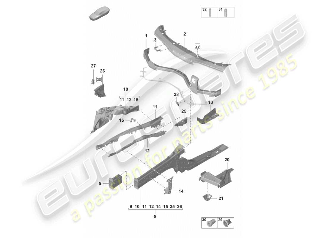 porsche 2022 (panamera 971-2) parte delantera miembro lateral piezas individuales diagrama de piezas
