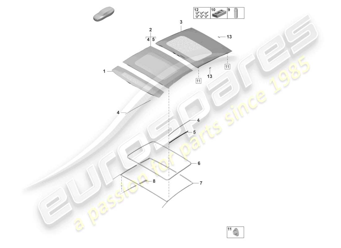 porsche 2022 (panamera 971-2) diagrama de piezas de accesorios para techo corredizo de vidrio