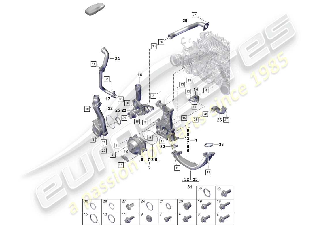 porsche 2021 (992-1 gt3/rs/st) diagrama de piezas de la carcasa del termostato del termostato de la bomba de refrigerante