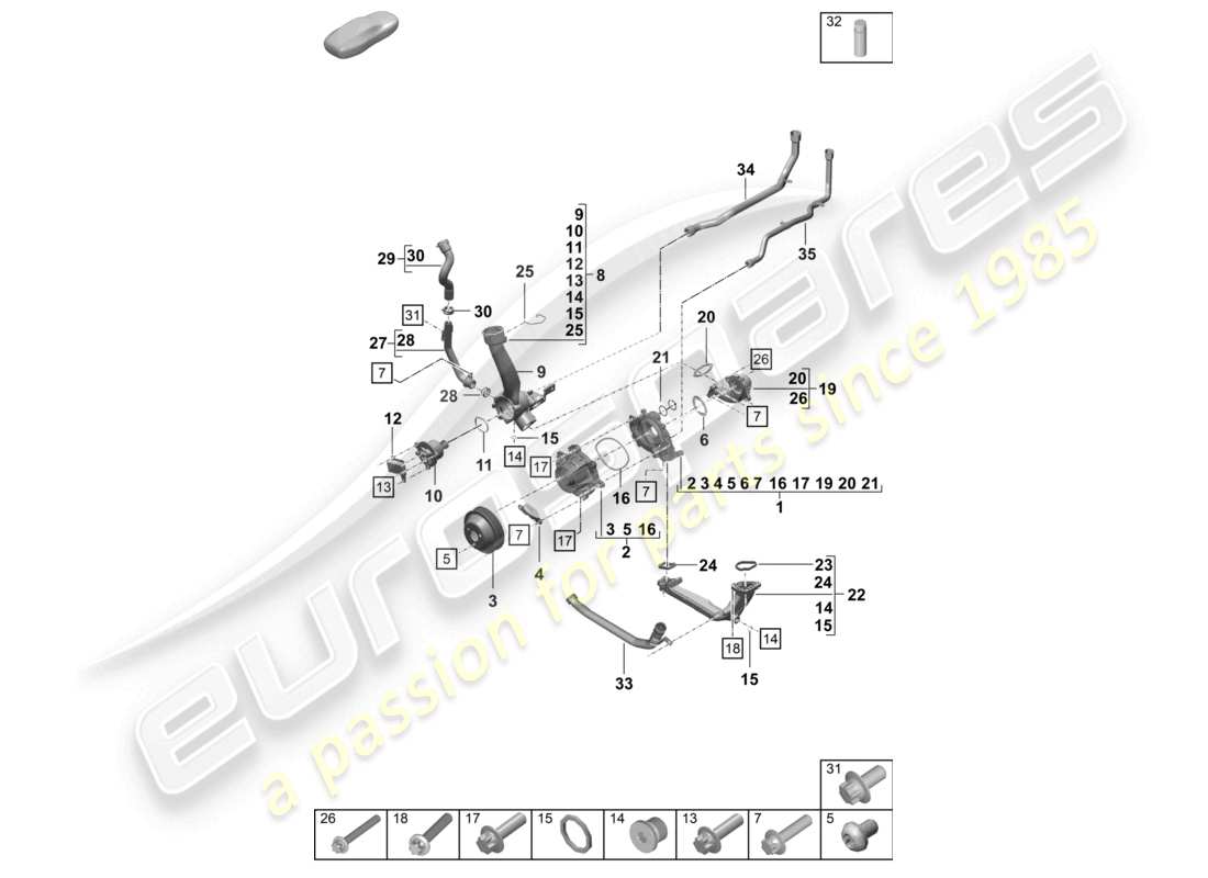 porsche 2025 (992-2 turbo / s) diagrama de piezas de la carcasa del termostato del termostato de la bomba de refrigerante