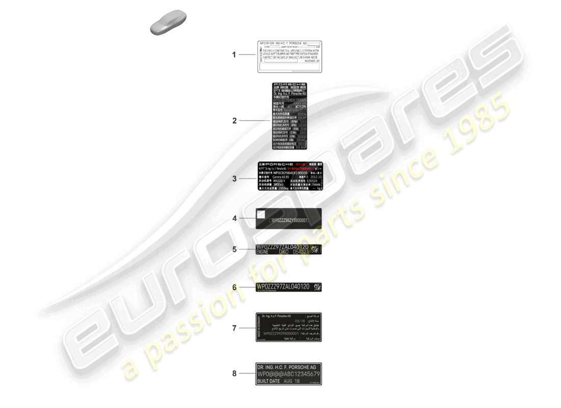 porsche 2021 (taycan 9j1-1) certificado de calcomanía de ee. uu. certificado de calcomanía de canadá etiqueta de datos china corea rusia d >>- diagrama de piezas mj 2021