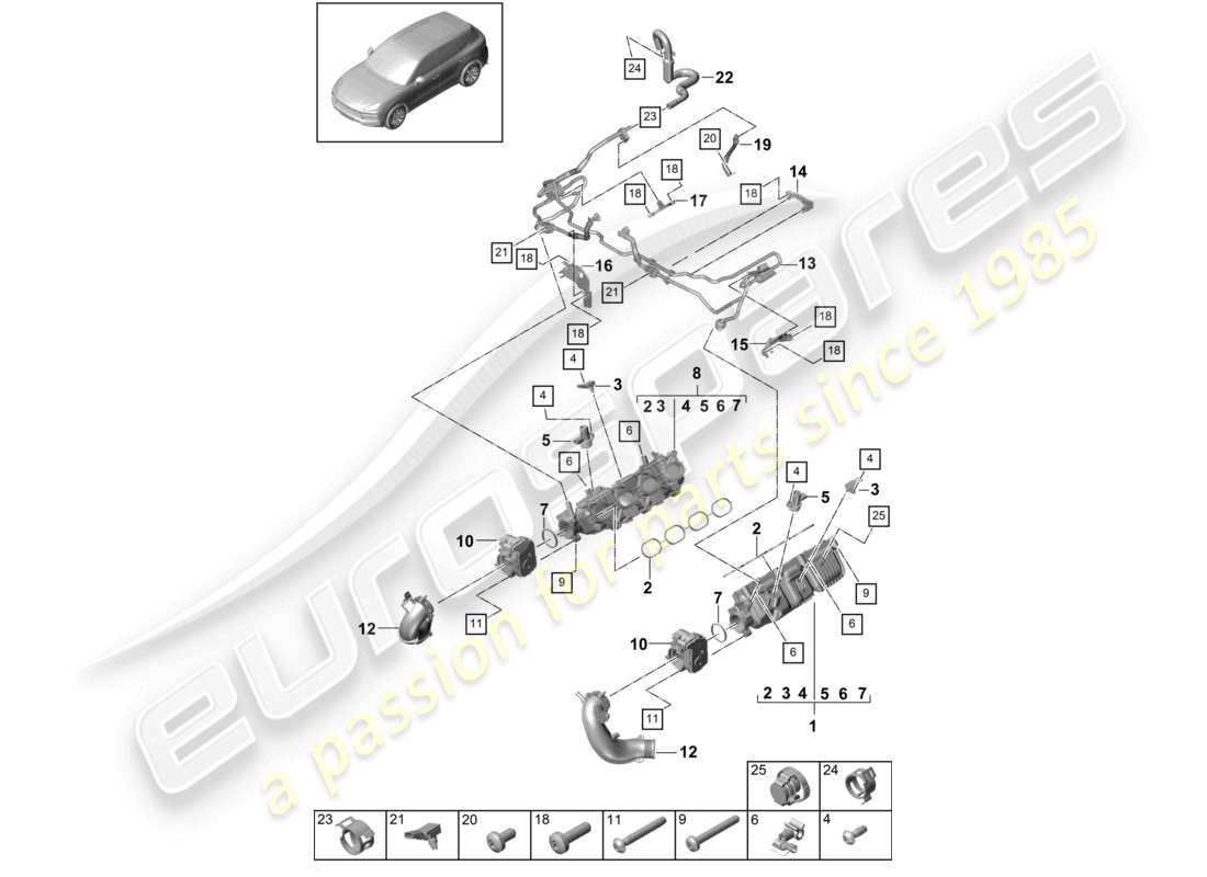 porsche 2023 (cayenne e3 9ya/9yb) diagrama de piezas del adaptador de la válvula de mariposa del colector de admisión para la ventilación del tanque de combustible