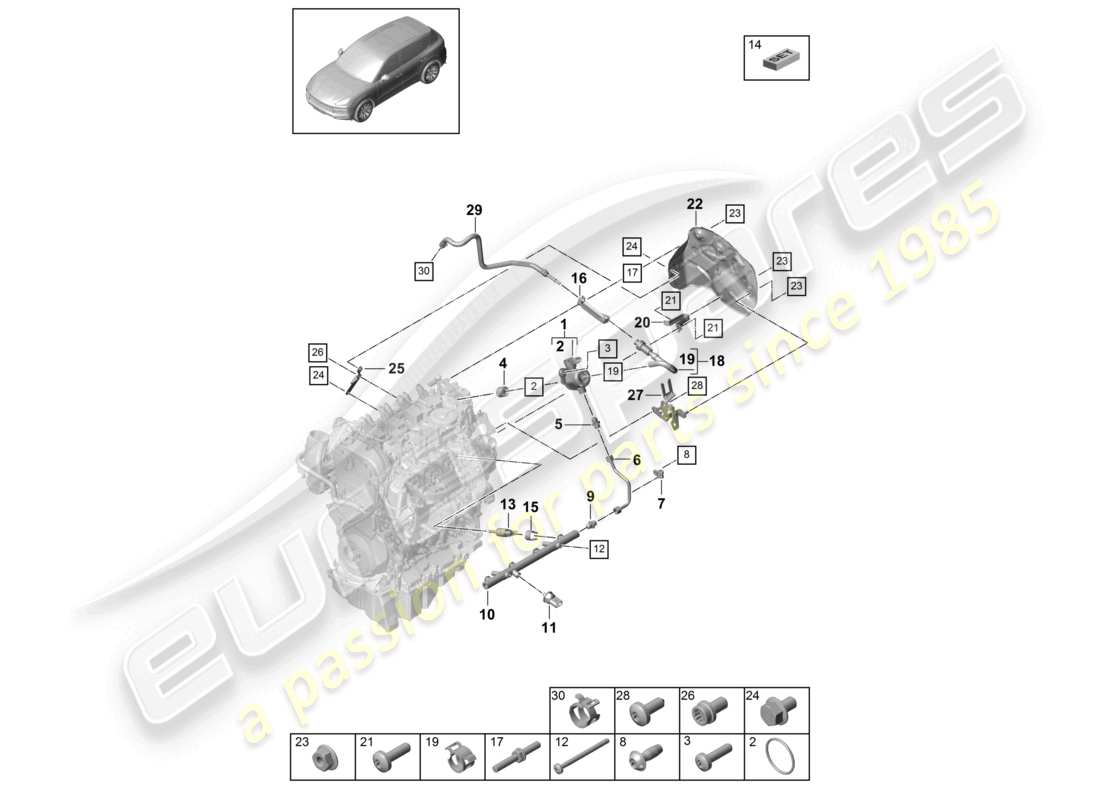 porsche 2024 (cayenne e3 9ya/9yb) diagrama de piezas de la bomba de alta presión del inyector de alta presión del tubo de recolección de combustible