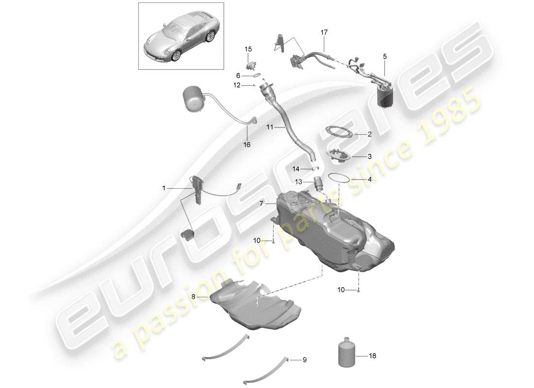 porsche 991 turbo (2018) diagrama de piezas del tanque de combustible
