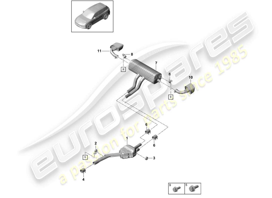 porsche 2023 (cayenne e3 9ya/9yb) sistema de escape silenciador delantero silenciador trasero diagrama de piezas del tubo de escape