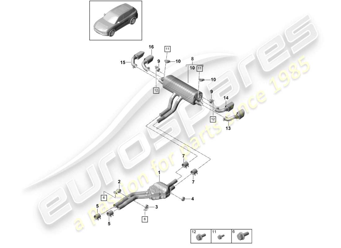 porsche 2023 (cayenne e3 9ya/9yb) sistema de escape silenciador delantero silenciador trasero diagrama de piezas del tubo de escape