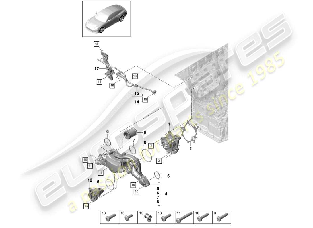 porsche 2021 (panamera 971-1) carcasa del termostato de la bomba de refrigerante línea de ventilación diagrama de piezas