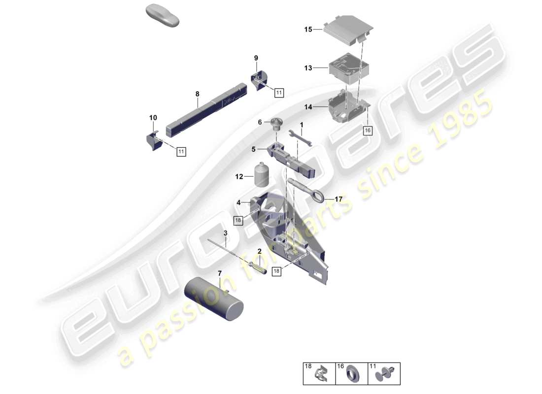 porsche 2026 (992-2 gt3) diagrama de piezas del kit de reparación de botiquín de primeros auxilios con triángulo de advertencia y gato hidráulico
