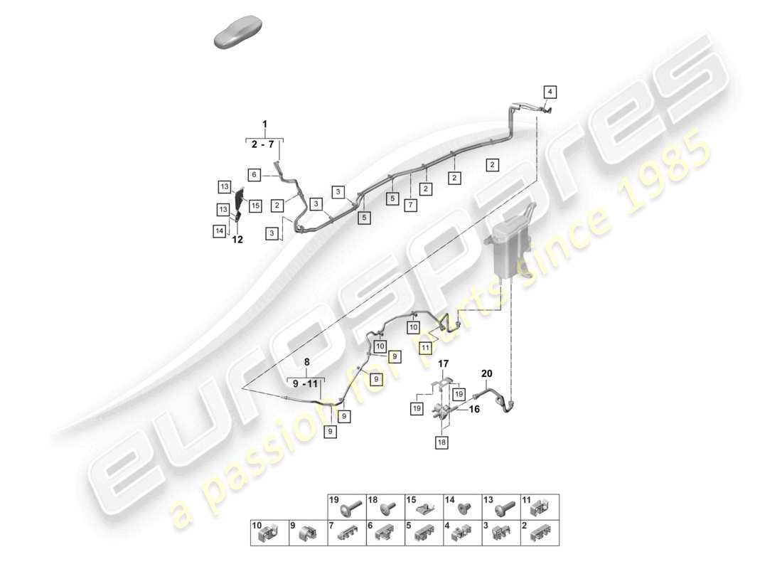 porsche 2022 (panamera 971-2) diagrama de piezas de la parte inferior de la carrocería de la línea de combustible