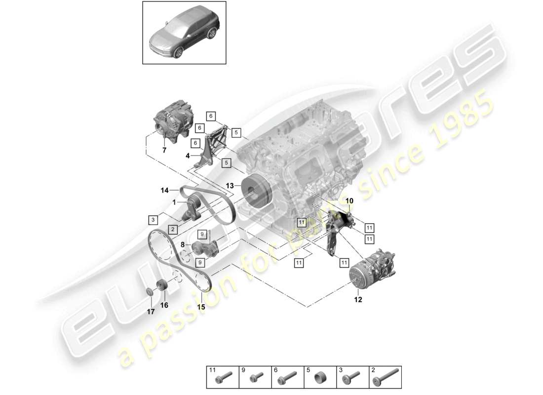 porsche 2022 (cayenne e3 9ya/9yb) amortiguador tensor de correa poly-v diagrama de piezas