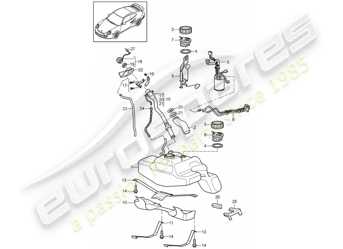 porsche 2013 (997-2 turbo / gt2 rs) depósito de combustible diagrama de piezas