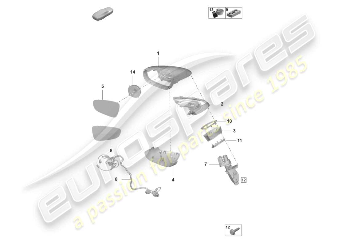 porsche 2023 (992-1 gt3/rs/st) espejo exterior diagrama de piezas