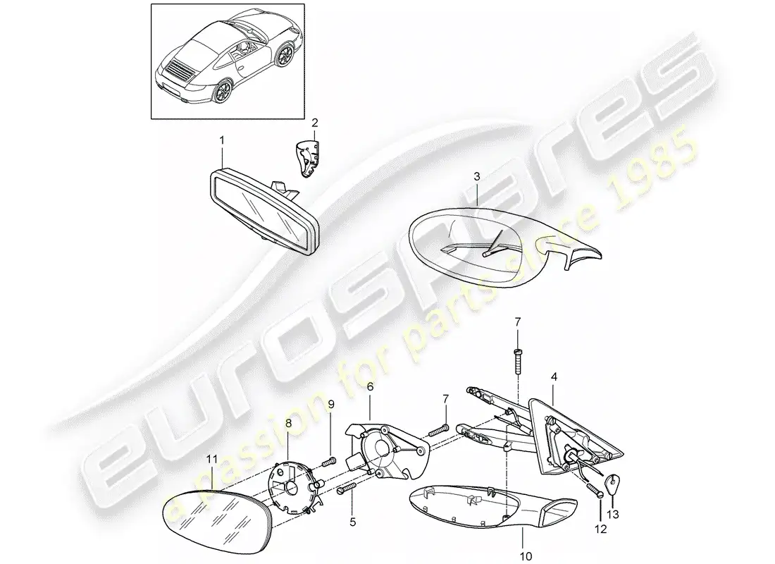 porsche 2007 (997-1) diagrama de pieza interior del espejo retrovisor