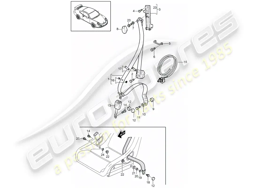 porsche 2008 (997-1 gt3) cinturón de seguridad diagrama de piezas