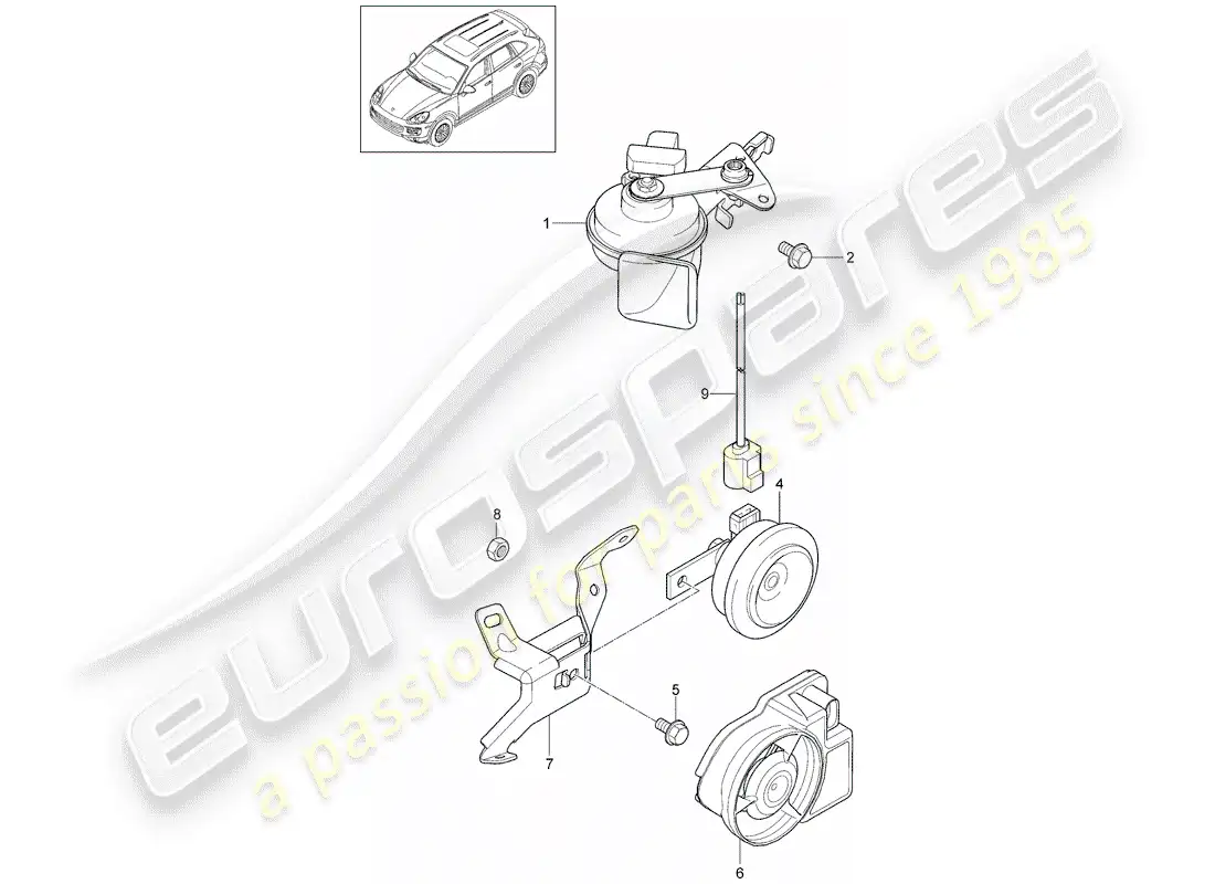 porsche 2013 (cayenne e2 92a) diagrama de piezas de la bocina de fanfaria