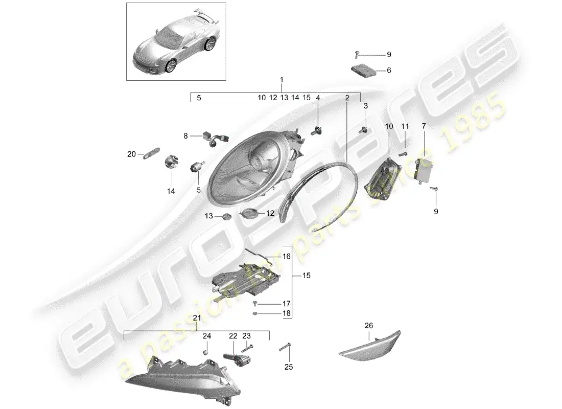 porsche 2016 (991-1 r/gt3/rs) lámpara de cabeza diagrama de piezas