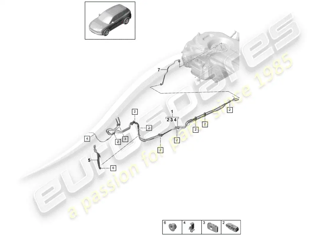 porsche 2018 (cayenne e3 9ya/9yb) línea de combustible diagrama de piezas